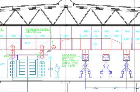 Querschnitt durch Halle / Produktionsraum mit den Zwirnmaschinen (Barmag) und Zettelmaschinen. Der Raum fr die Produktion von hochwertigem Industriegarn musste klimatisiert werden. 